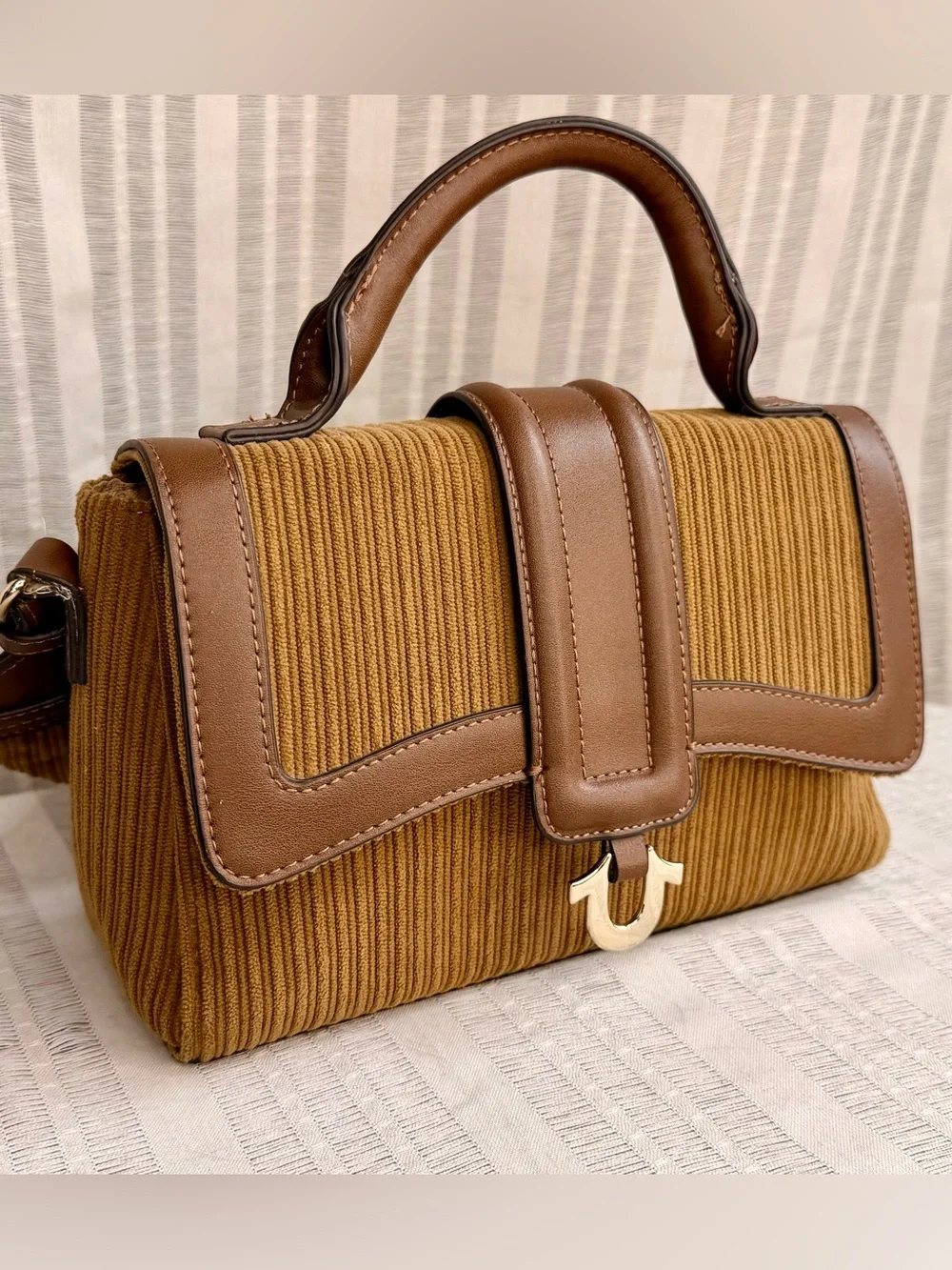 True Religion Brown Corduroy Horseshoe Flap Bag